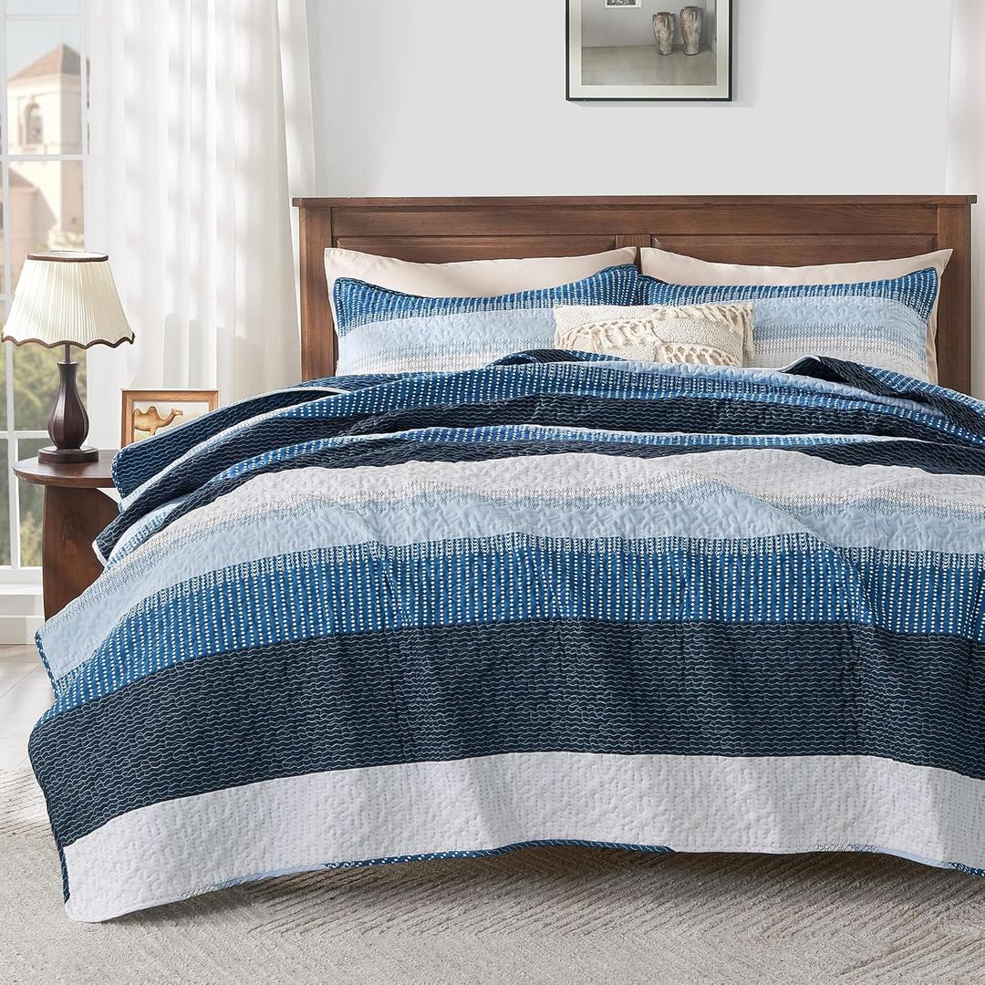 Andency Navy Blue Striped Quilt King(106x96Inch), 3 Pieces (1 Quilt and 2 Pillowcases) Patchwork Bedspread Coverlet Set, Soft Microfiber Quilted Bedding Set Andency Navy Blue Striped Quilt King(106x96Inch), 3 Pieces (1 Quilt and 2 Pillowcases) Patchwork Bedspread Coverlet Set, Soft Microfiber Quilted Bedding Set