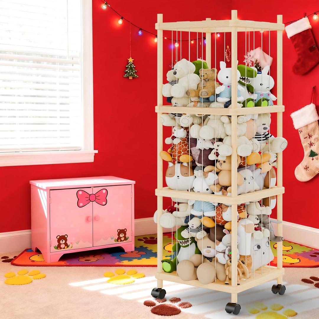 Stuffed Animal Storage and Holder - Large Size Wooden Animals Zoo Toy Organizer with Elastic Bands, Swivel Wheels and Castle Stickers, For Toddler Rooms, Playrooms, Bedrooms(58x16x16inch) (58inches)