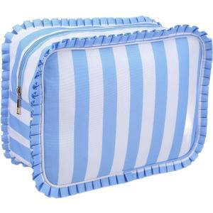 Blue Striped Ruffle Makeup Bag Large Travel Cute Checkered Cosmetic Toiletry Bag with Zipper for Women Girls, Toiletry Pouch Make up Organizer Gift