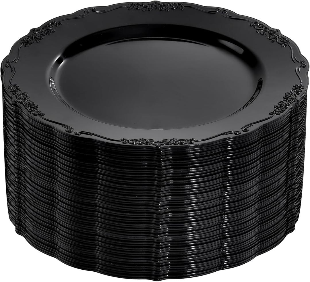DaYammi 60PCS Black Plastic Plates, Heavy Duty Black Disposable Plates Premium 10inch Dinner Plates Hard Plastic Plates Disposable for Halloween Party and Wedding