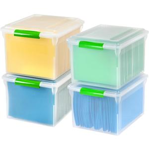 IRIS USA File Box File Organizer Plastic File Box for Letter/Legal File, BPA-Free Plastic Storage Bin Tote Organizer w/Secure Latching Lid and Easy-Slide Pad, Clear 35 Qt. 4Pack