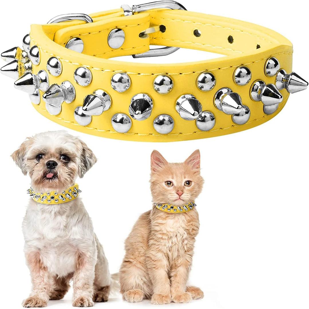 Spiked Dog Collars for Medium Dogs, Mushrooms Rivet Studded Anti-Bite Protective Pet Neck Pu Leather Spike Puppy Collars for XS Small Medium Large Boy Dogs Male Cats Goat (Yellow, L)