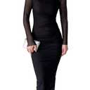 Women Ruched Bodycon Midi Dresses Sheer Long Sleeves Boat Neck Casual Formal Slim Fit Spring Fall Dress Black L
