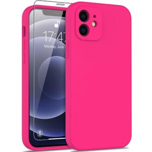 DEENAKIN Compatible with iPhone 12 Silicone Case with Screen Protector, Enhance Camera Protection, Soft Flexible Slim Fit Protective Phone Cover 6.1" for Women Girls Hot Pink
