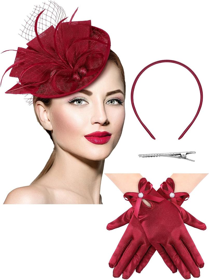 Geyoga 50s Fascinator Hat for Women Funeral Veil Hat Pillbox Cocktail Tea Party Headpiece and Lace Glove