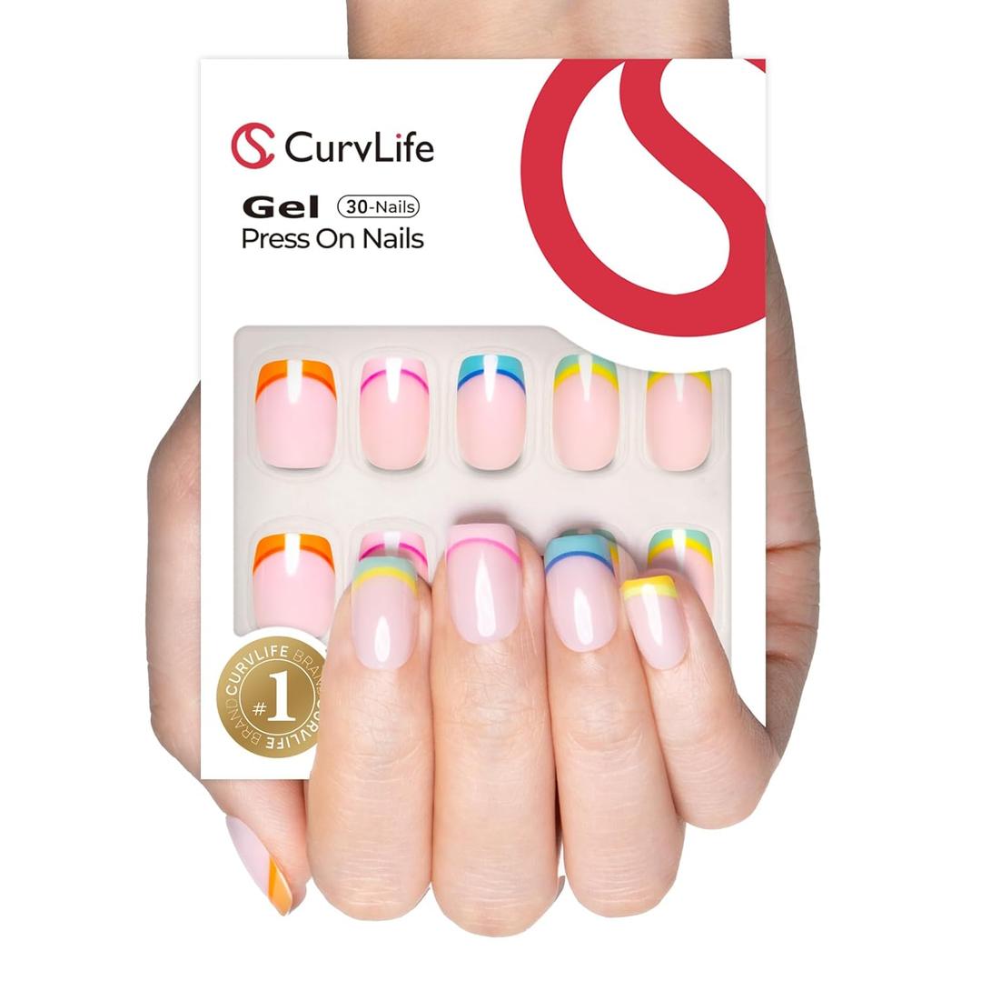 Curvlife Press on Nails Gel Fake Nails with Rainbow-French Design Full Cover False Nails for Women Reusable Nail Kit with Nail Glue Adhesive Tabs Nail File (0.1 Fl Oz (Pack of 1))