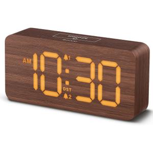 Uscce Wooden Digital Alarm Clocks for Bedrooms: Dimmable Dual Alarm Clock with Large Numbers for Bedside Desk - Loud Alarm for Heavy Sleepers with Volume Control - Wood Decor & Gifts (Brown - Amber Digits (Plug-in))