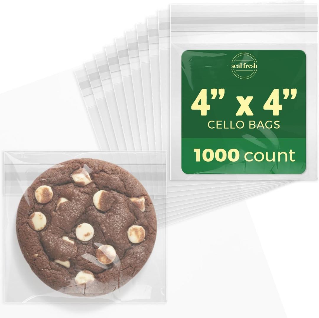 Seal Fresh Self Sealing Cellophane Bags - 4" x 4" (1000 Count) - Clear Plastic Resealable Cello Bag - Cellophane Treat Bags, Cookie Bags for Packaging, Candy bags, Cello Bags, Pastry Bags