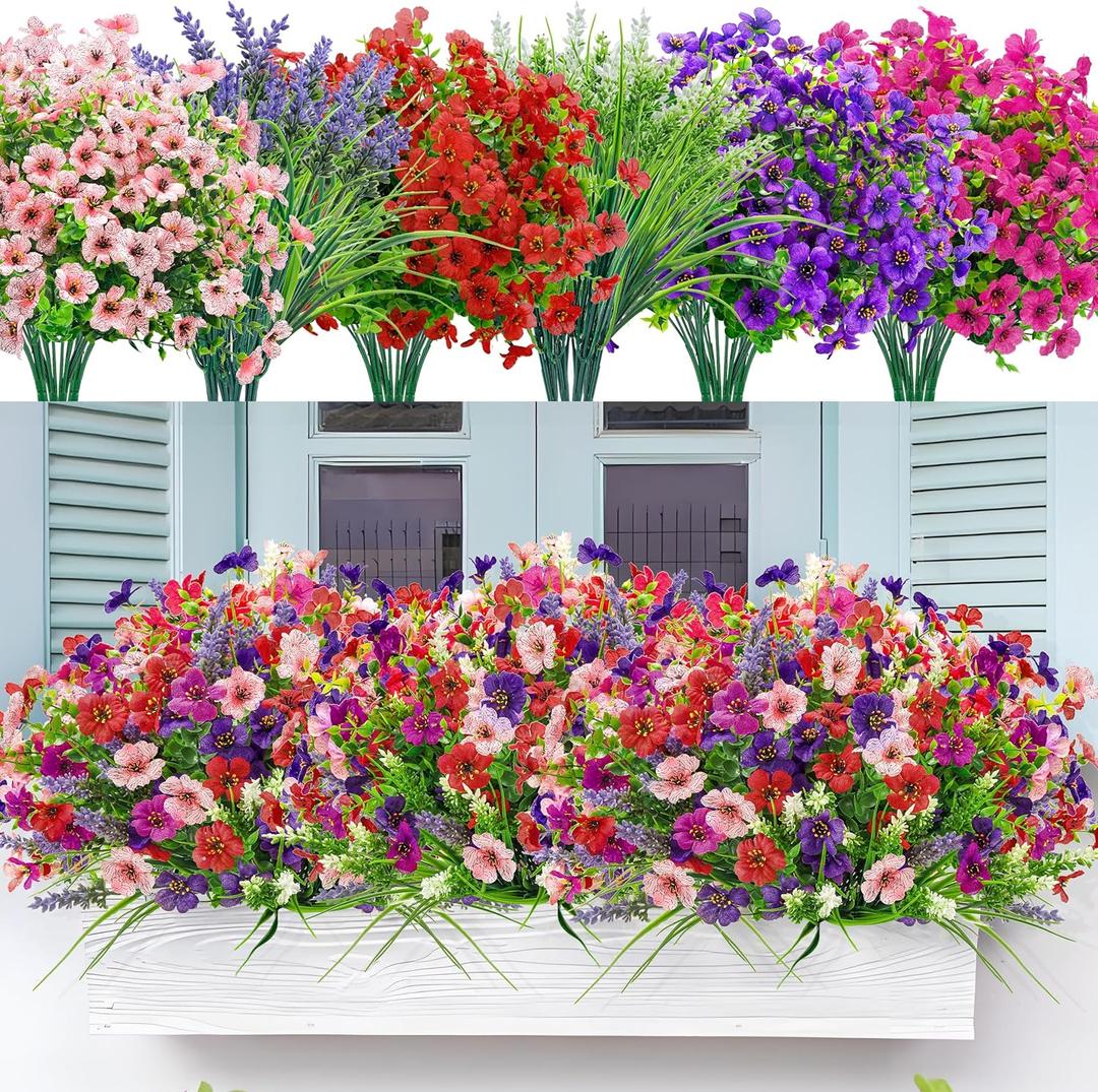 Der Rose 24 Bundles Artificial Flowers for Outdoors Fake Spring Flowers Plants UV Resistant for Home Garden Porch Window Wedding Decor (Multi-color a)