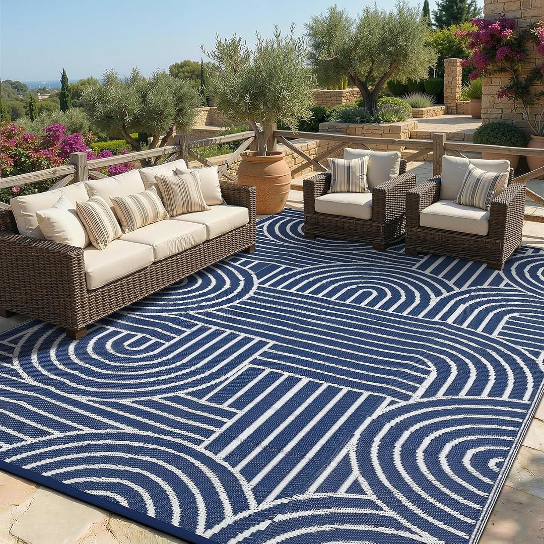 Garvee Reversible Rainbow Outdoor Rug 5x8, Waterproof Outdoor Plastic Straw Rug, RV Mat for Picnics, Patio, Camping, Balcony, Deck, Backyard, Porch, Blue