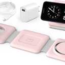 Charging Station for Apple Multiple Devices: 3 in 1 Foldable Magnetic Wireless Charger Stand - Travel Charging Dock Compatible with iPhone 16 15 14 13 12 Pro Max Plus Apple Watch AirPods (Pale-pink)