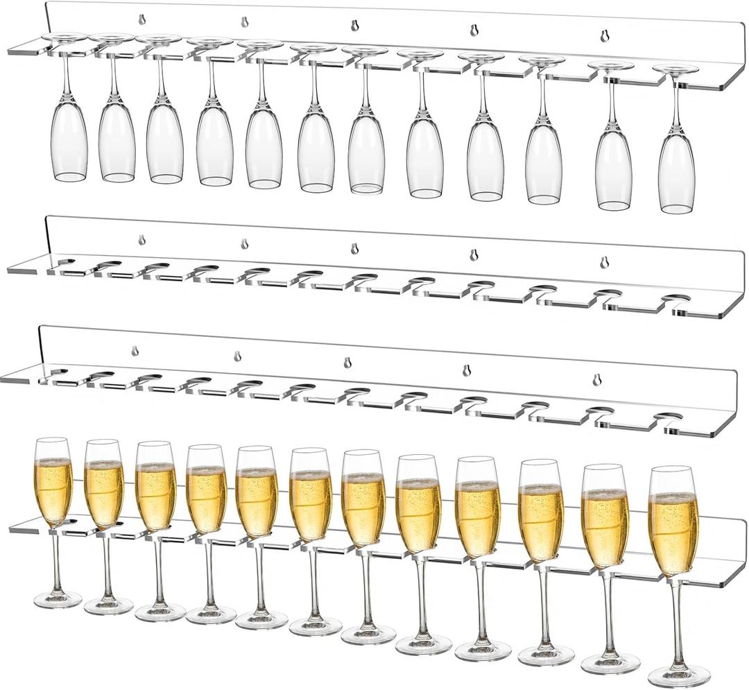 4 Pcs Acrylic Champagne Wall Holder 36'' Clear Wine Glass Rack 12 Drink Slots Per Tier Rack Champagne Wall Holder for Party Mounted Hanging Bubbly Flute Display Stand for Home Bar Supplies