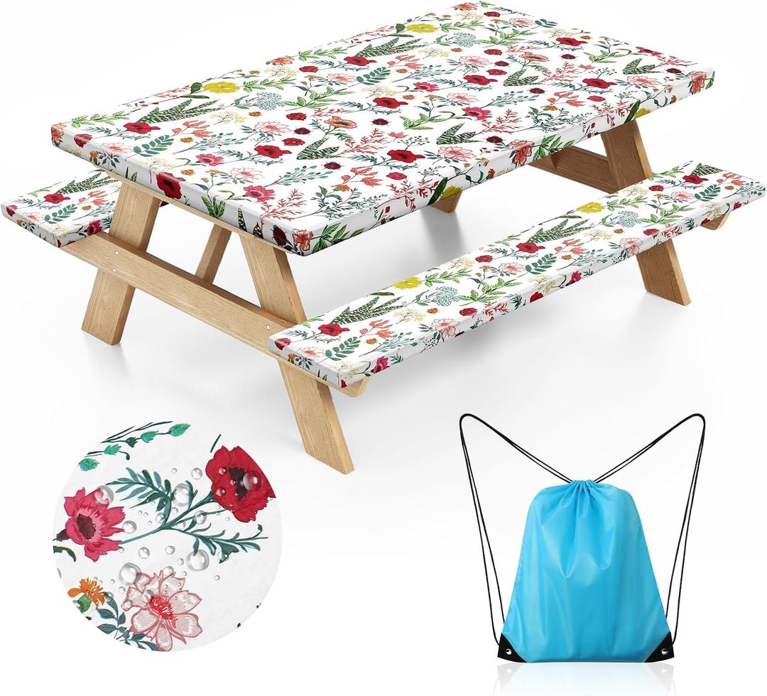 Picnic Table Cover with Bench Covers and Bag - Outdoor Camping Accessories Waterproof Camping Tablecloth with Elastic Edges Fitted Rectangle Tables and Seats