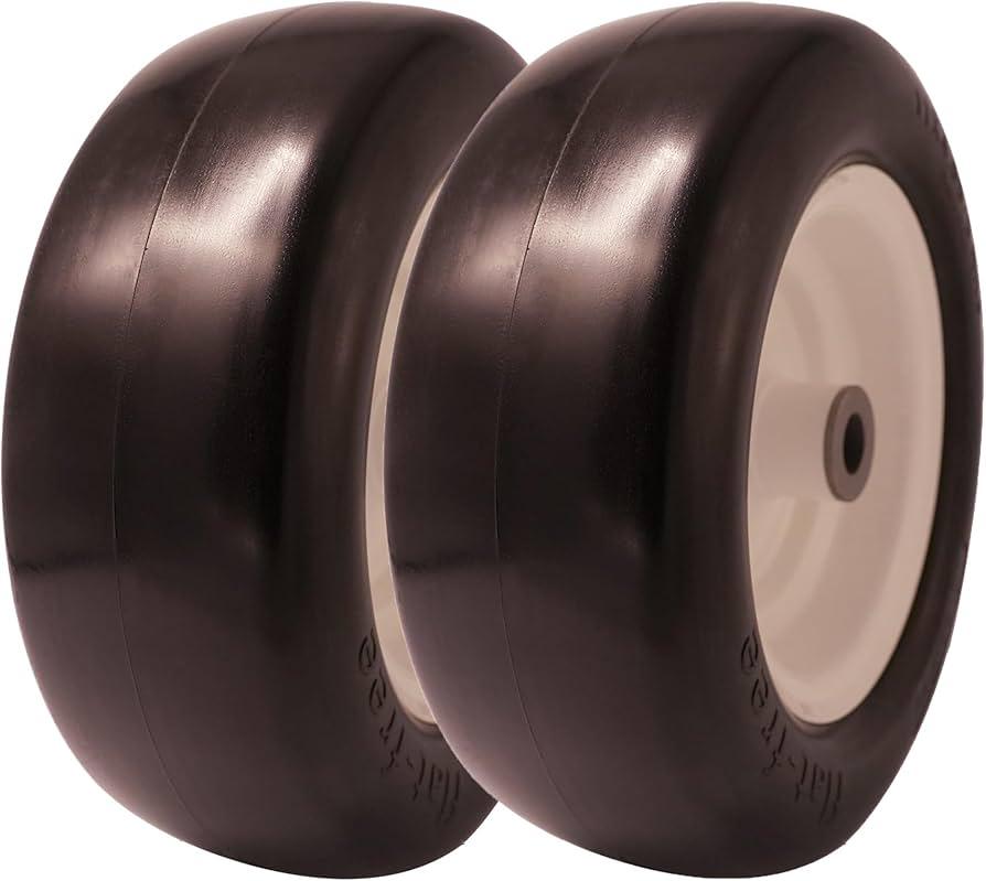 11x4.00-5 lawn mower tires flat free, Solid Smooth Tires and Wheel with 3/4" Precision bearings or 5/8" & 1/2", 3.4"-5.6" Centered Hub,for Zero-Turn Lawn Mowers, Extra Universal Adapter Kit (2 Pack)