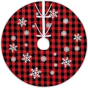 Christmas Tree Skirt 30 Inch Simulated Linen Fabric Tree Skirt with Snowflakes Printed Xmas Mat for Christmas Holiday Party Decoration Indoor Outdoor(Red Black)