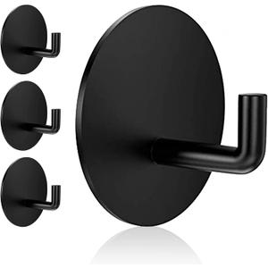 Rise age Adhesive Hooks Heavy Duty Waterproof in Shower Hooks for Hanging Loofah, Towels, Clothes, Robes for Bathroom Removable Adhesive Wall Hooks Door Hook Stainless Steel Black Stick on Hooks 4 Pcs