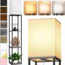 Floor Lamp with Shelves for Living Room Natural Wood, Shelf Floor Lamp with 3 CCT LED Bulb, Corner Display Standing Column Lamp Etagere Organizer Tower Nightstand with White Linen Shade for Bedroom
