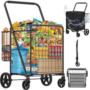 Heavy Duty Folding Shopping Cart with 360 Swivel Wheels, Waterproof Bag, Jumbo Utility Carts for Grocery, Laundry, Holds Up to 440 LBS, 37.5 Gallon