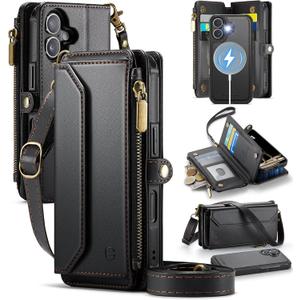 Strapurs for iPhone 16 Detachable Wallet Case Compatible with Magsafe for Women, RFID Blocking 9-Card Holder Zipper Wrist Strap Lanyard PU Leather Magnetic Phone Case for iPhone 16 6.1", Black