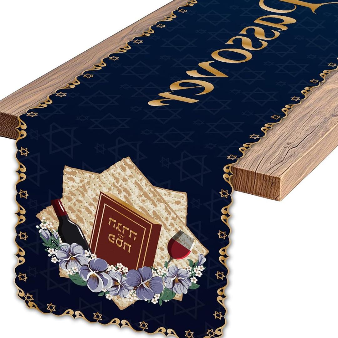 Passover Table Runner Jewish Festival Holiday Kitchen Dining Table Centerpiece Pesach Star of David Decor Blue Gold Happy Passover Decorations for Home Party-72 Inches Long