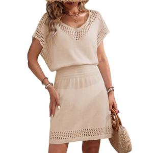 Wander Agio Women's Tops Sexy Knit Cover Dresses Bikini Cover-up V-Neck Adjustable Belt Coverups Shoulder Net Hole Light Weight Short Skirt Dark Beige 6