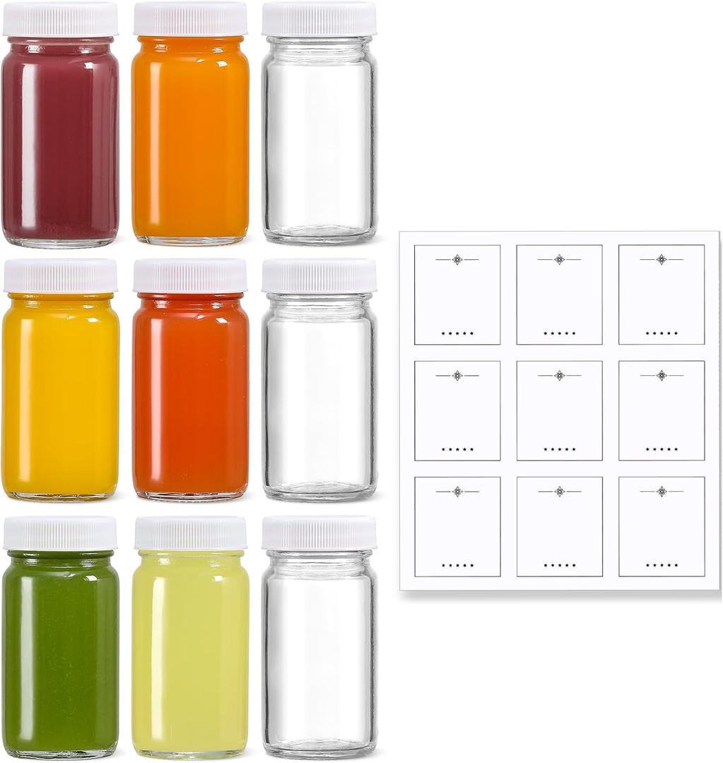 9 Pack 2 oz Glass Shot Bottles w/ White Lids & 9 Labels - Small Clear Jar for Ginger, Wellness Shot, Juice, Sample, Whiskey - Travel Essentials Mini Bottles - Wide Mouth, Leakproof, Dishwasher Safe