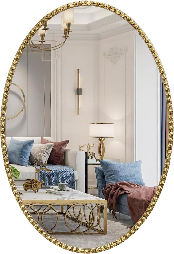Gold Oval Bathroom Mirror, 26x38 Inch Floral Oval Mirrors for Wall, Antique Gold Metal Floral Frame Mirrors for Bedroom Living Room Hallway, Hangs Horizontally or Vertically