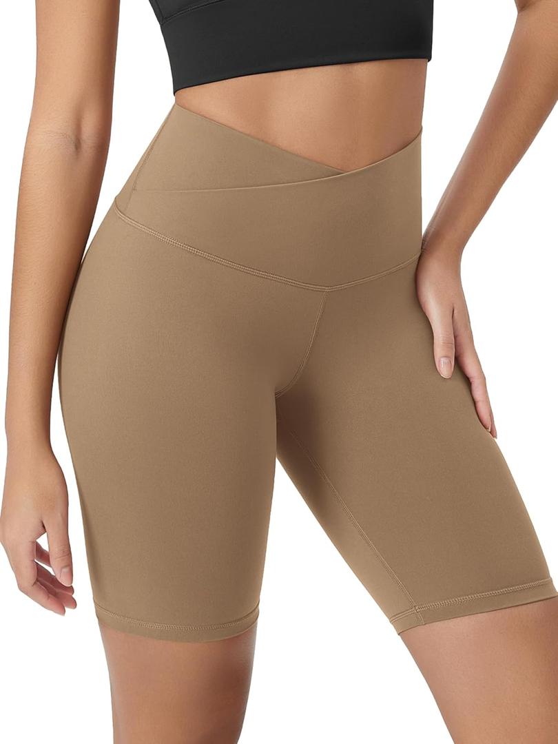 ODODOS Women's Crossover Yoga Shorts with Back Pocket, 8" Buttery Soft V High Waist Lounge Biker Shorts, Light Brown, Large (L)