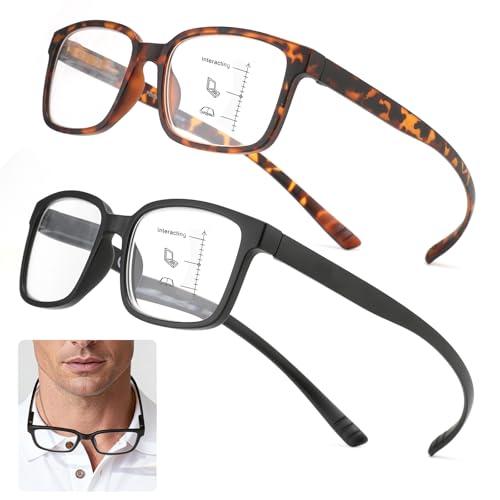 CARA 2 Pack Progressive Reading Glasses for Women Men Multifocus Blue Light Blocking Computer Readers, Around the Neck Hanging Frame with Flexible Spring Hinges Long Temples(Black+Tortoise, +2.50)