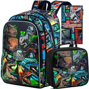 CCJPX 3PCS Dinosaur Backpack for Boys, 16 Inch Water Resistant Preschool Bookbags, Cool Kindergarten School Backpacks and Lunch Box