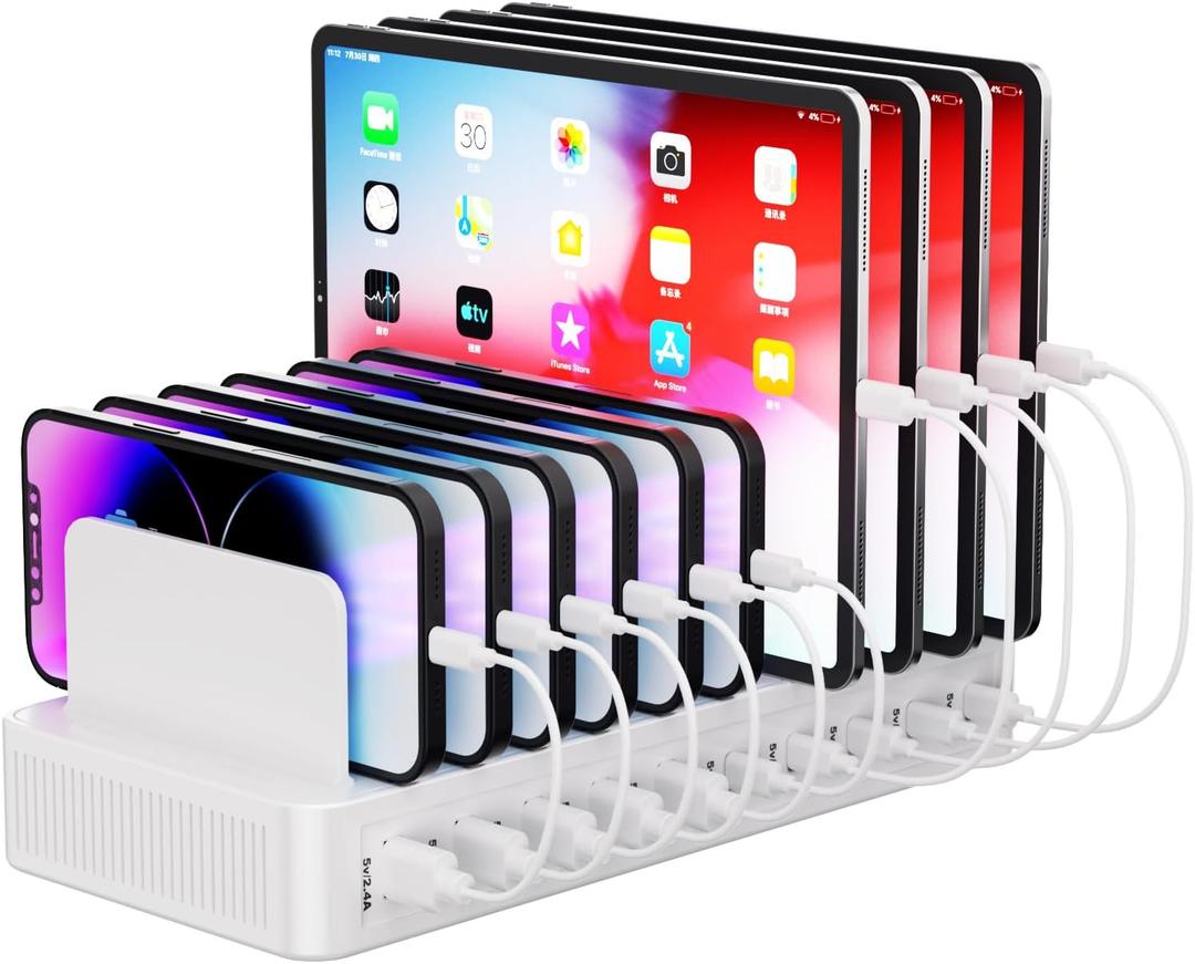 60W Charging Station for Multiple Devices, 10-Port USB Fast Charging Station with Adjustable Dividers - Device Organizer Charging Dock for iPhone, Android, iPad, Tablets & More (White)