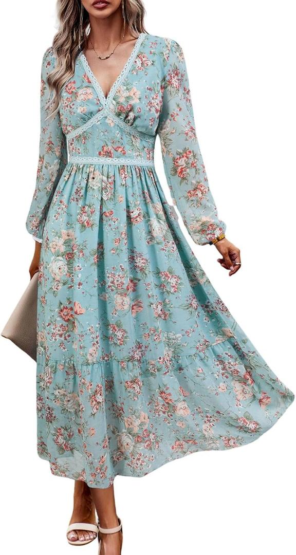 Women's Spring Wrap Maxi Dress Floral V Neck Long Sleeve Wedding Guest Party Casual Chiffon Dress (Lake Blue Flowers), XL Women's Spring Wrap Maxi Dress Floral V Neck Long Sleeve Wedding Guest Party Casual Chiffon Dress (Lake Blue Flowers), XL