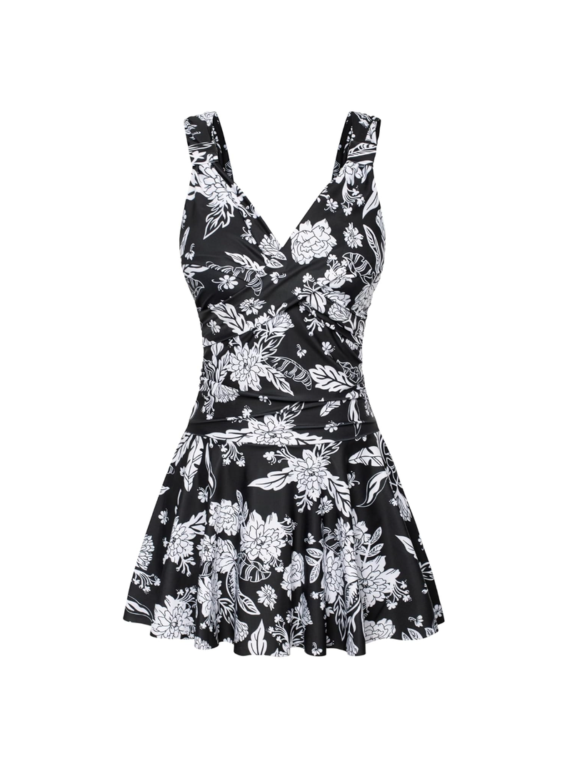 GRACE KARIN Women's Summer V-Neck One-Piece Swimsuit Floral Swimsuit with Shorts, M