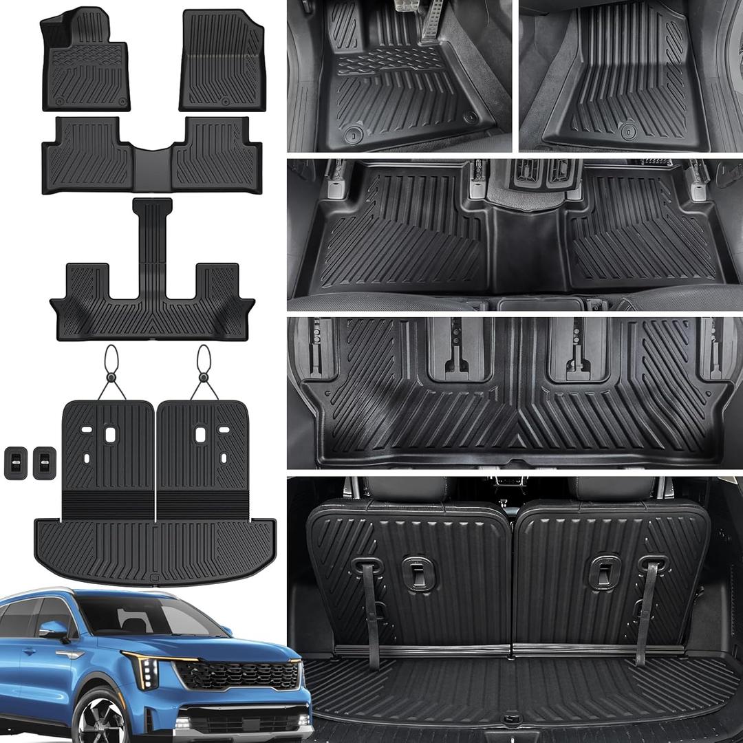 Floor Mats Cargo Mat Set for 2021-2024 2025 2026 Kia Sorento 6/7 Seats Car Mat Accessories(Not Fit Hybrid), All Weather TPE Cargo Liner Trunk Mat for S LX EX SX(Floor Mats+2-in-1 Cargo Mat)