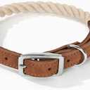 Mile High Life Rope Dog Collar | Durable Braided Cotton Rope Collars | Genuine Leather Dog Collar w Metal Pin Buckle | Classic Puppy Collars for Large Dog (Beige) (Large (Pack of 1))