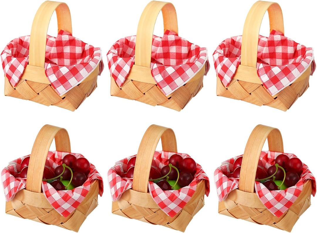 Geelin 6 Pcs Christmas Mini Woven Basket with Handle 20 Sheet Red and White Gingham Paper Napkins Wood Chip Mini Flower Fruit Picnic Basket Chip for Christmas Wedding Party Gift Decoration (Large)