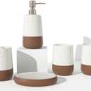 Ceramic Bathroom Accessories Set Complete in White & Brown Duotone, 5 Pcs Boho Bath Vanity Counter Set, Soap Dispenser Toothbrush Holder Soap Dish Tumble Cup Set, Bathroom Essentials for New Home