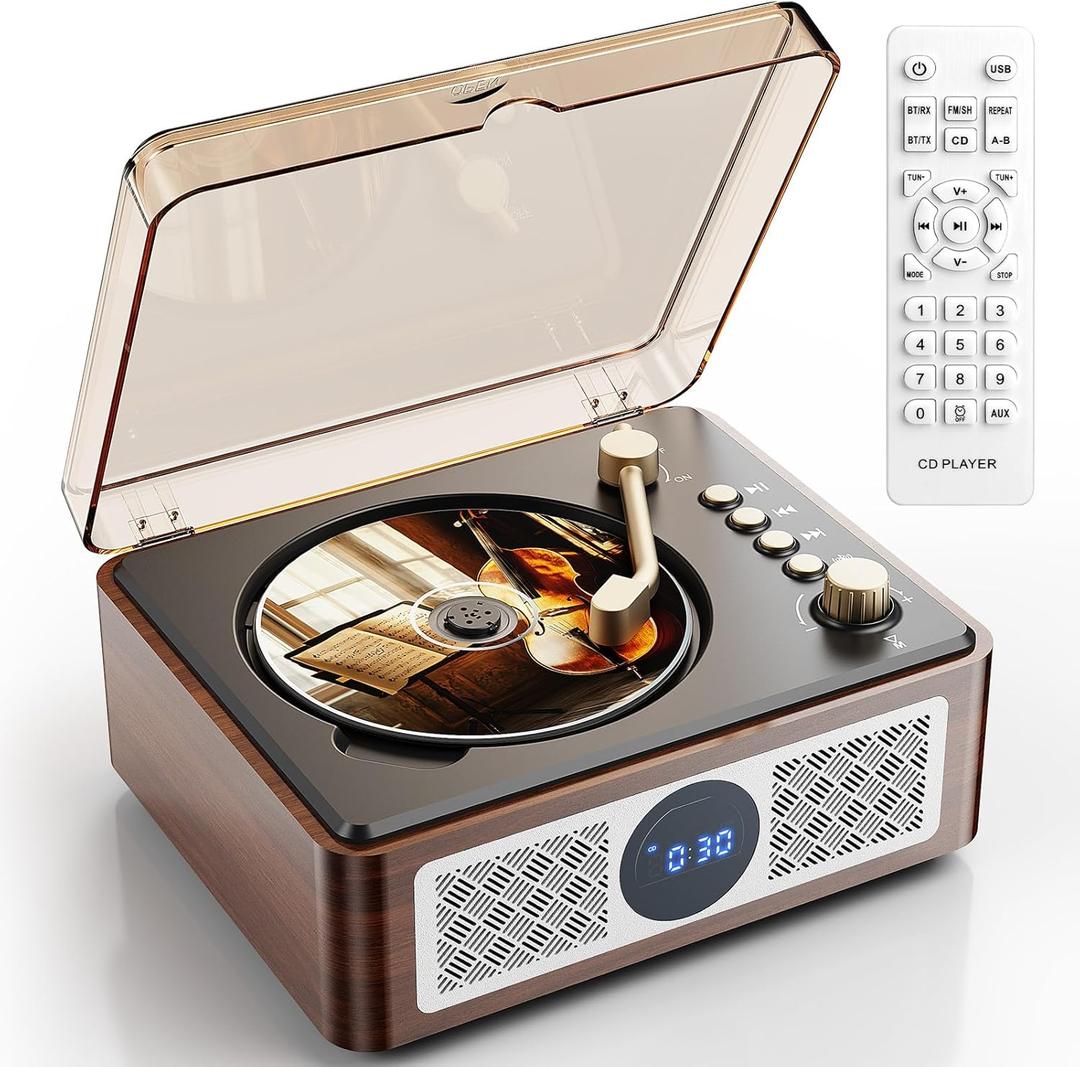 Portable CD Player Bluetooth with Speakers - Lehwey Desktop CD Players for Home, Built-in Dual Stereo Speakers, FM Radio, Repeat, Remote Control, Supports USB/AUX/Type-C, Retro Gift, for Kids, Brown