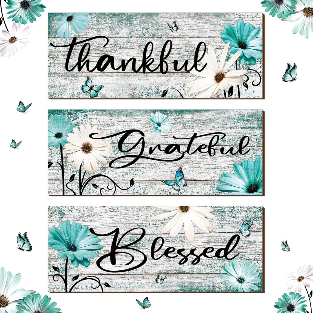 Tradder 3 Pcs Farmhouse Bathroom Wall Decor Teal Daisy Flowers and Butterfly Bathroom Wall Art Wooden Rustic Thankful Grateful Blessed Plaque Hanging Signs Spring for Home Kitchen Living Room