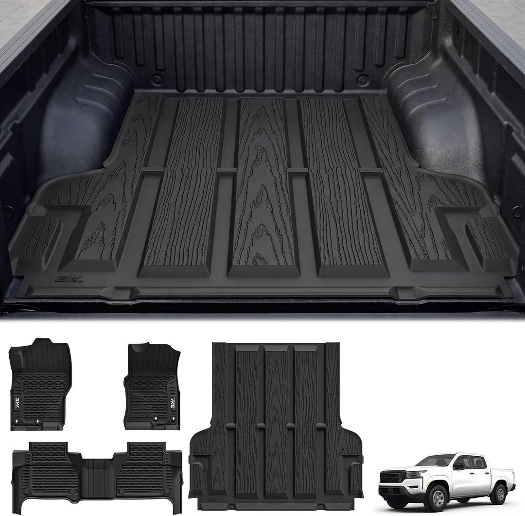 3W Floor Mats & Truck Bed Mat for Nissan Frontier 2025 2024 2023 2022 Crew Cab(NOT for 2nd with Under Seat Speaker), All Weather TPE Custom Fit Car Liner for Frontier