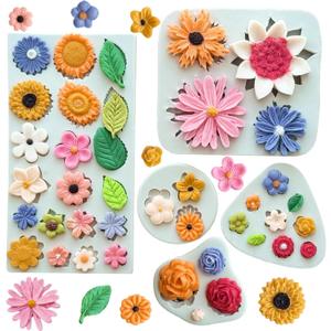 5Pcs Flower Silicone Molds Small Flower Chocolate Mold Daisy Rose Flowers Fondant Molds for Cake Cupcake Decorating Sunflower Leaves Polymer Clay Resin Mold Soap Ice Cube for Baking