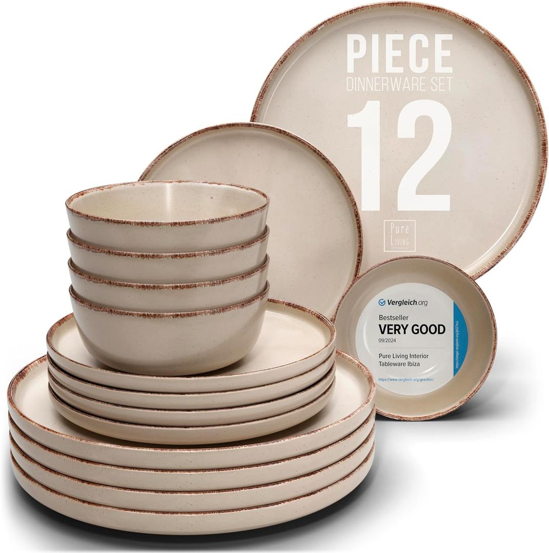 Stoneware dinnerware set 4 persons Rustic 12 pcs - Rustic design dinnerware set, dishwasher safe - Bowl and plate set - Pure Living dinnerware in beige (Set (12pcs), rustic / beige)