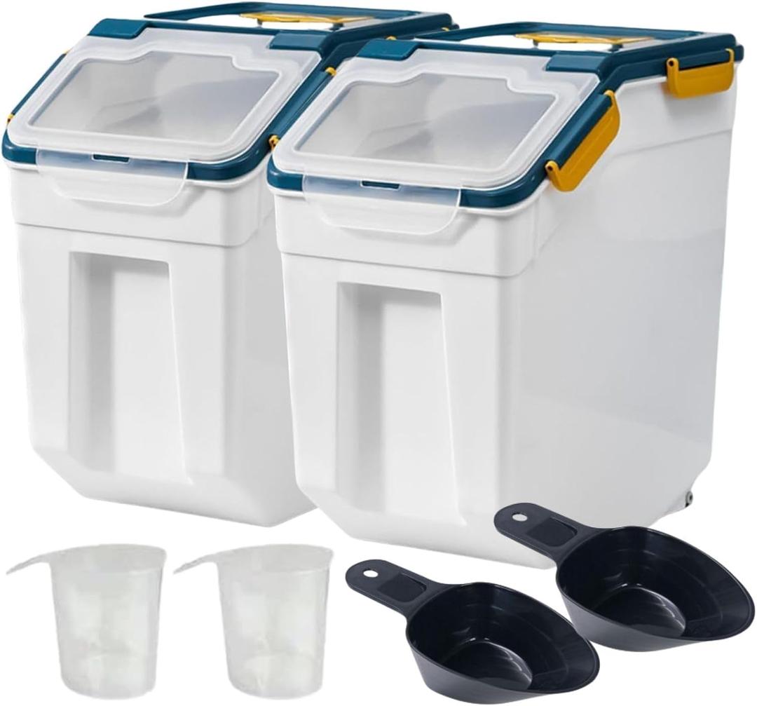 Saim Flour Storage Container Bin 25lb, 2Pack Airtight Rice Storage Containers with Wheels, Rice Dispenser with Measuring Cup, Scoop for Sugar, Grain, Cereal, Flour, Baking Supplies - Dark Blue