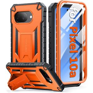 FNTCASE for Google Pixel 10A Case: with [Built-in Screen Protector & Kickstand] [Military-Grade Drop Protection] Heavy Duty Protective Full Body Shockproof TPU Phone Cover Orange