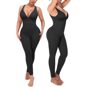 SHAPELLX Tummy Control Workout Jumpsuits for Women One Piece Comfy Yoga Outfits V Neck Sleeveless Bodycon Pants Romper (Black, M)