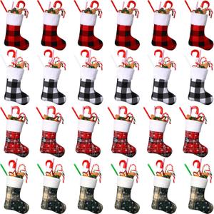 24 Pieces 7 Inch Christmas Stockings, Mini Buffalo Plaid Stocking Classic Stocking Red and Green Plaid Design with Snowflake and Fleece Cuff for Family Christmas Holiday Decorations Seasons Decor