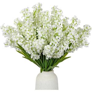 5Pcs Small Artificial Flowers, White Silk Lilac Flowers with Stems Faux Hyacinth Flower for Centerpiece Spring Floral Stems for Vases Fillers Farmhouse Fake Wildflowers for Home Kitchen Wedding Decor