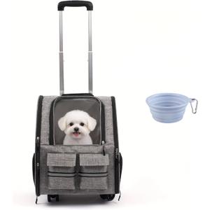 Rolling Pet Carrier with Wheels, Polyester, Soft-Sided Collapsible, Large, Travel, with Telescopic Handle and Folding Bowl (Gray Wheeled Carrier Set)