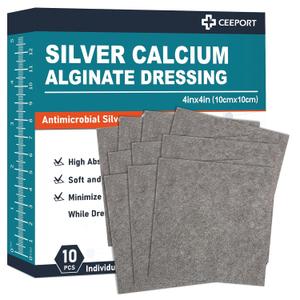 Ceeport Ag Silver Calcium Alginate Wound Dressing Pads, 4''x4'' Patches, 10 Individual Pack, Soft Silver Dressings for Wound Care, Gentle Highly Absorbent Dressing, Non Stick Gauze Pads for Wounds