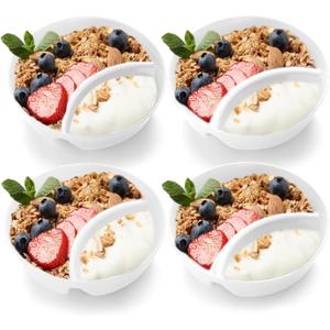 Teenyyou 4 Pcs Divided Cereal Bowls Anti Soggy Cereal Bowl with Divider Plastic Separate Milk Container Microwave Dishwasher Safe Stackable Snack and Dip Container for Chip (White)